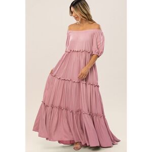 Fore Women's S Small Blush Pink Off the Shoulder Tiered Maxi Dress